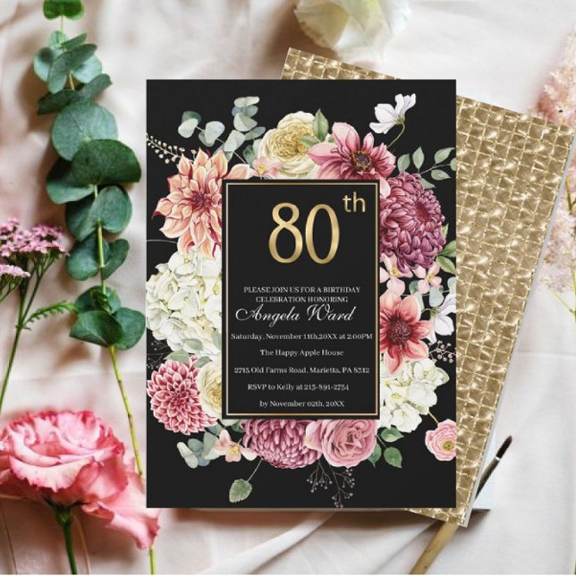 Elegant birthday celebration  floral glitter 80th  invitation (Creator Uploaded)