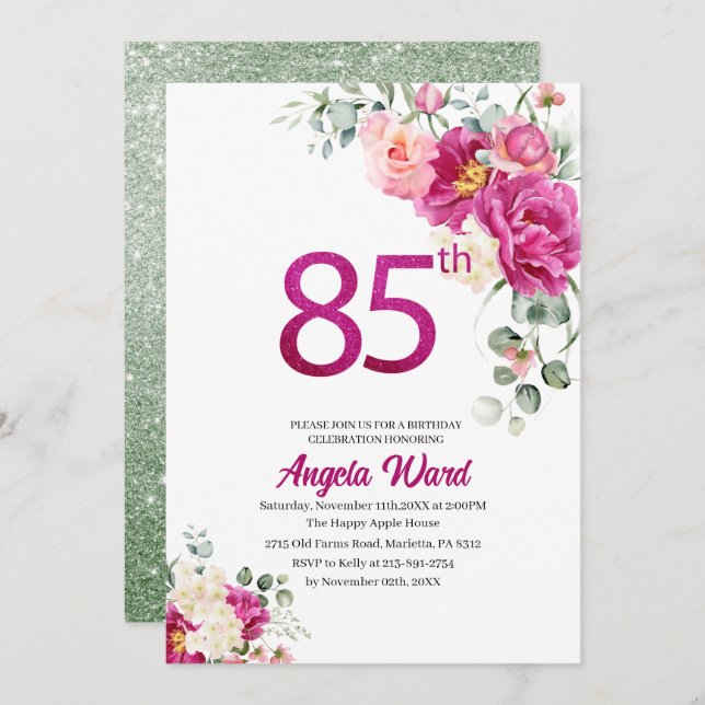 Elegant birthday celebration  floral glitter 85th  invitation (Front/Back)