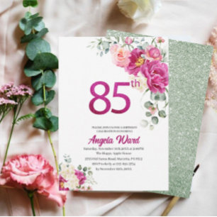 Elegant birthday celebration  floral glitter 85th  invitation