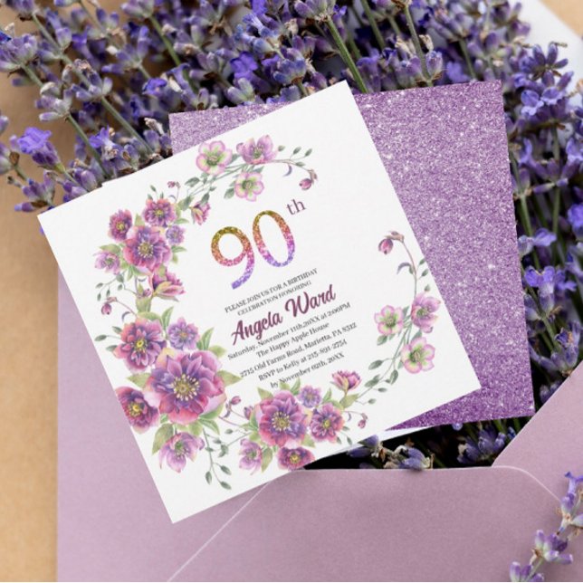 Elegant birthday celebration  floral glitter 90 th invitation (Creator Uploaded)