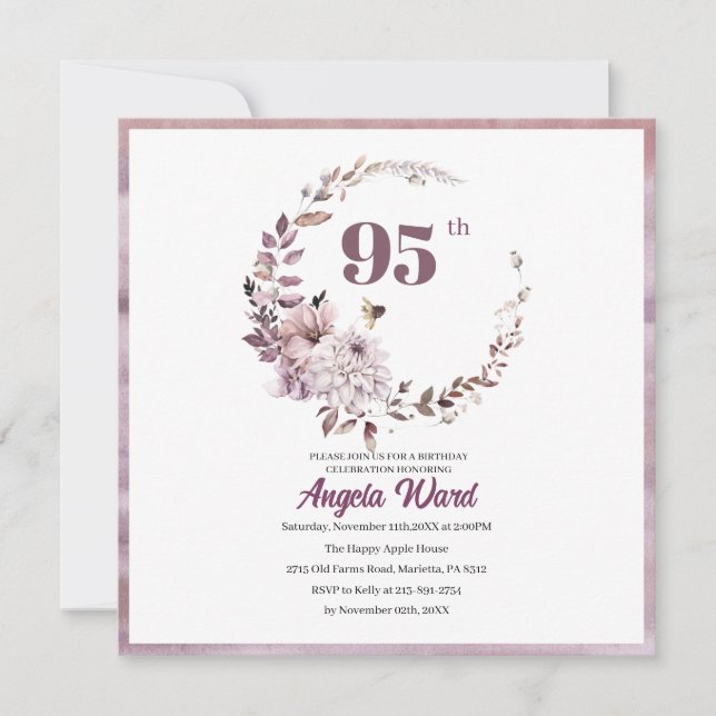 Elegant birthday celebration  floral glitter 95th invitation (Front)