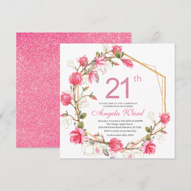 Elegant birthday celebration watercolor magnolia f invitation (Front/Back)
