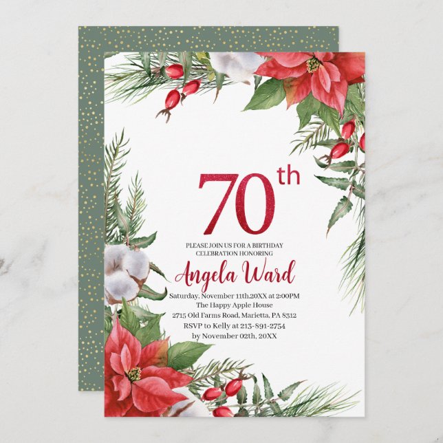 Elegant birthday celebration winter flowers glitte invitation (Front/Back)