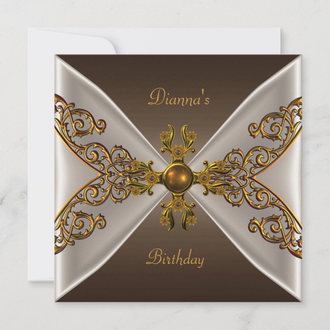 Elegant Birthday Coffee Brown Old Gold Jewel 2 Invitation (Front)