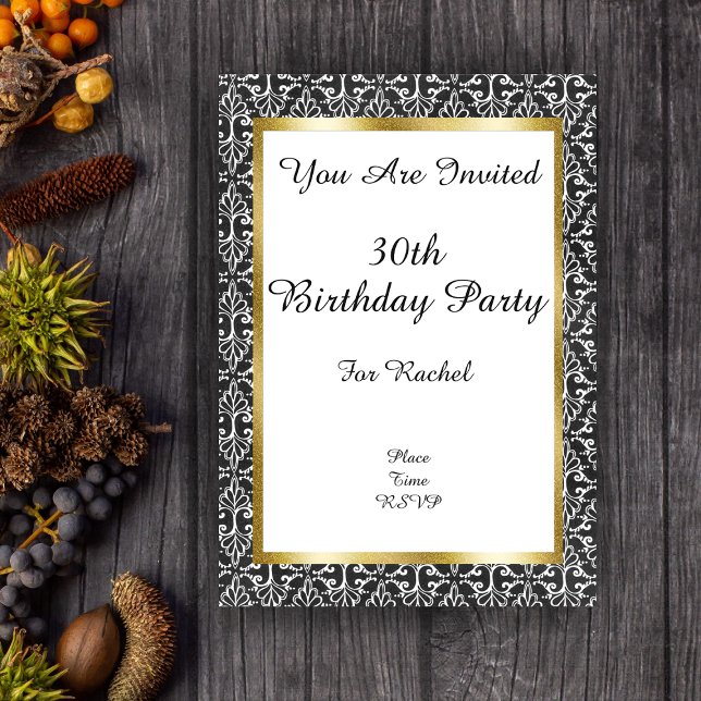 Elegant Birthday Damask Gold Frame Black White Acrylic Invitations (Elegant black white damask pattern gold frame on Birthday party acrylic invitation.)