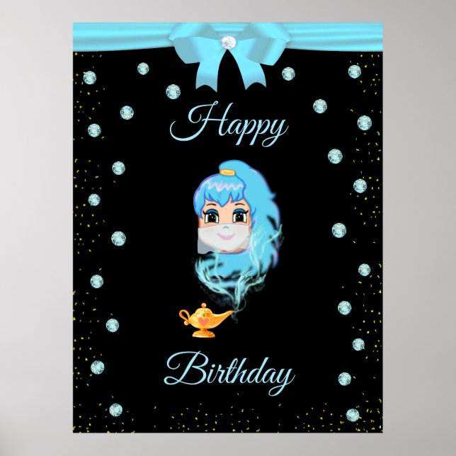 Elegant Birthday Genie, Magic Lamp & Gems on Black Poster (Front)