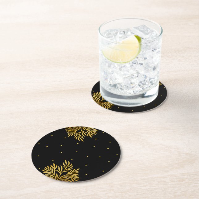 Elegant Birthday Gold Foliage Party Round Paper Coaster (Insitu)