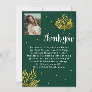 Elegant Birthday Gold Foliage Photo Thank You Card