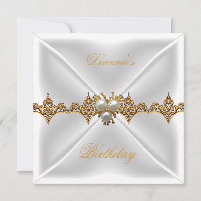 Elegant Birthday Gold Jewel White Silk Invitation (Front)