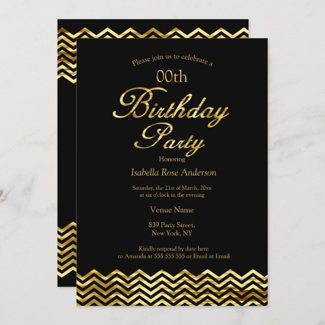 Elegant Birthday Gold Shimmer Chevron stripe Black Invitation (Front/Back)