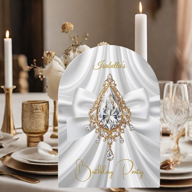 Elegant Birthday Gold White Diamond Jewel Bow Invitation (Creator Uploaded)