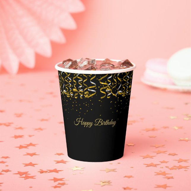 Elegant Birthday Golden Confetti on Black Paper Cups (Insitu)