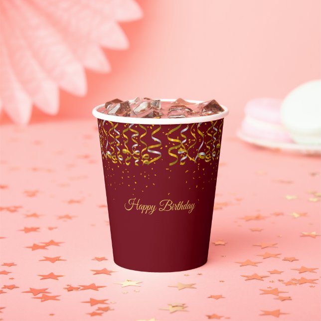 Elegant Birthday Golden Confetti on Burgundy Paper Cups (Insitu)