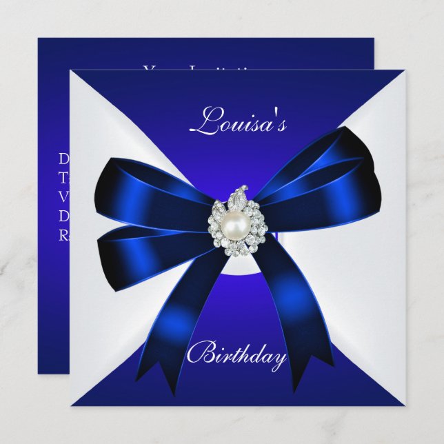 Elegant Birthday Invite Royal Blue Pearl White (Front/Back)