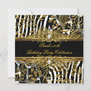 Elegant Birthday Party Animal Black Gold Damask Invitation