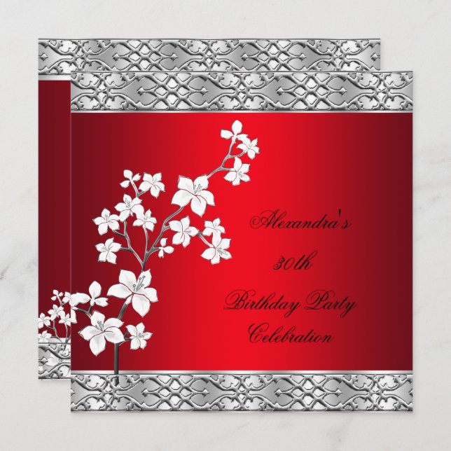 Elegant Birthday Party Asian Red Floral Silver Invitation (Front/Back)