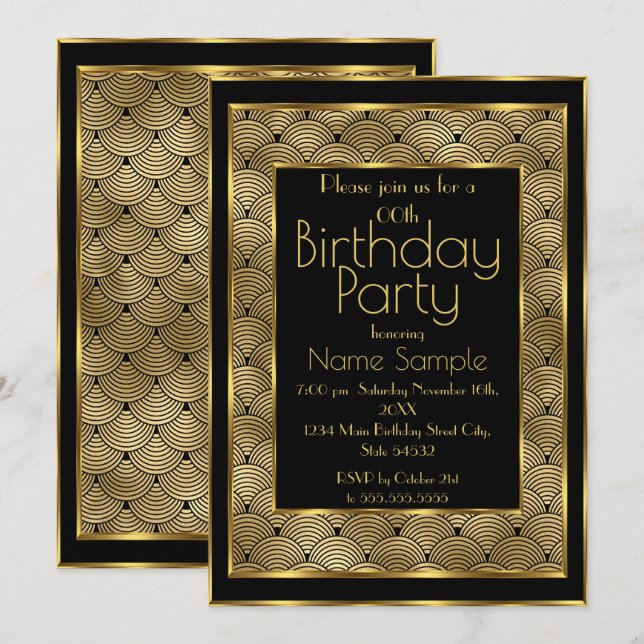 Elegant Birthday Party Black Gold Art Deco 1930's Invitation (Front/Back)