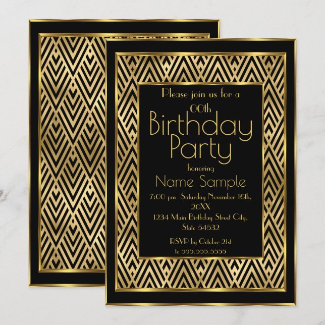 Elegant Birthday Party Black Gold Art Deco Chevron Invitation (Front/Back)