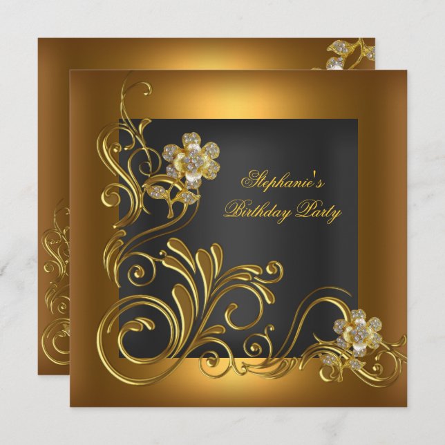 Elegant Birthday Party Black Gold Flower Invitation (Front/Back)