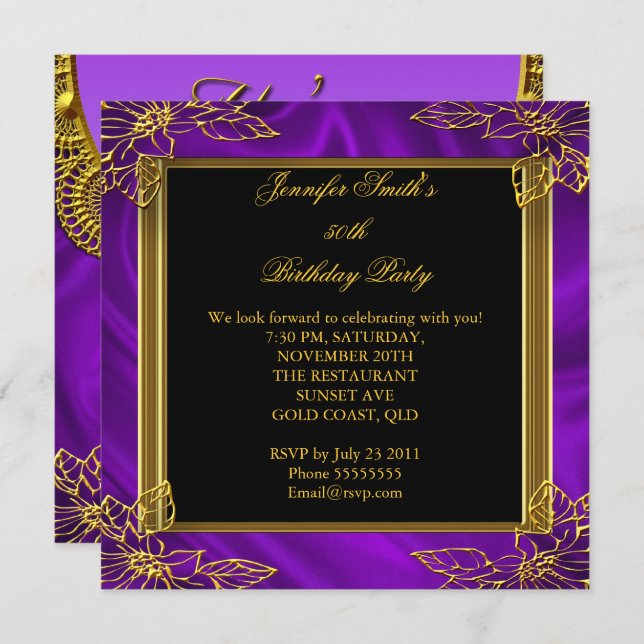 Elegant Birthday Party Black Purple Gold Invitation (Front/Back)