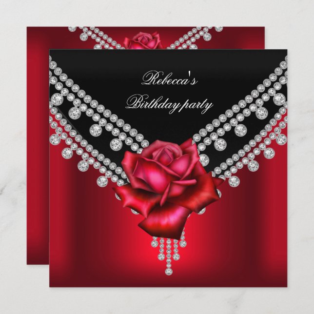 Elegant Birthday Party Black Red Rose Diamond Invitation (Front/Back)