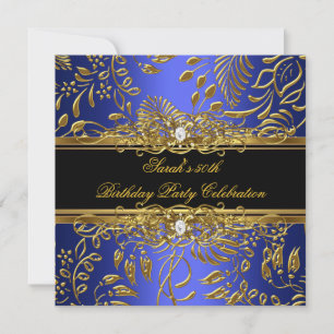Elegant Birthday Party Blue Black Gold Damask Invitation