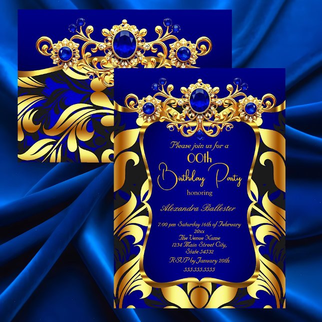 Elegant Birthday Party Blue Gold Black Damask Gems Invitation (Creator Uploaded)