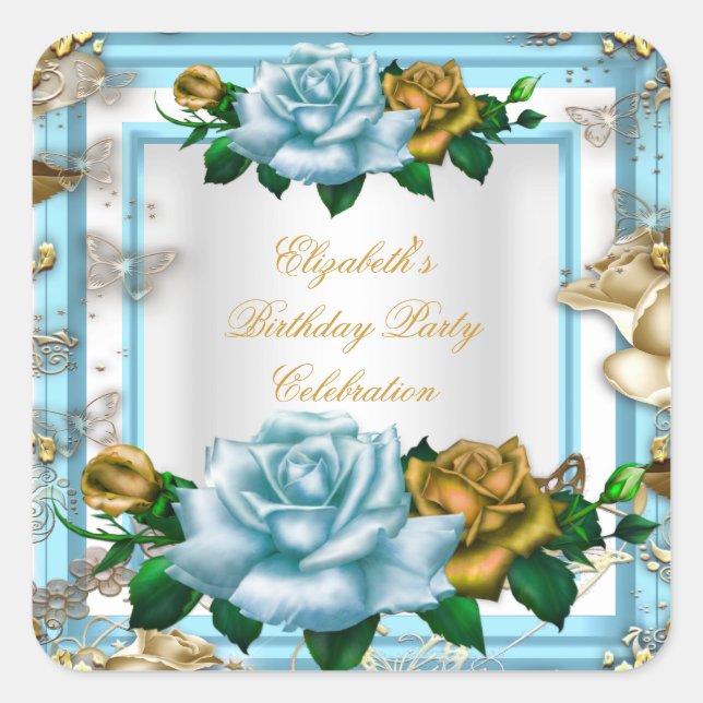 Elegant Birthday Party Blue Roses White Gold Cream Square Sticker (Front)
