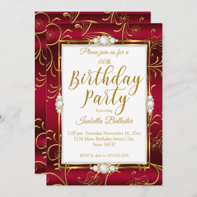 Elegant Birthday Party Burgundy Red Gold Diamond  Invitation (Front/Back)