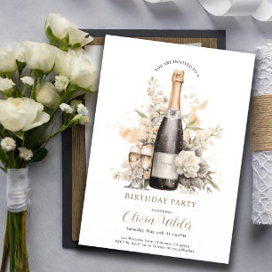 Elegant Birthday Party   Champagne Floral Invitation