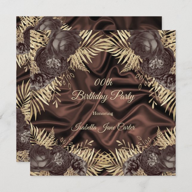 Elegant Birthday Party Chocolate Silk brown Floral Invitation (Front/Back)