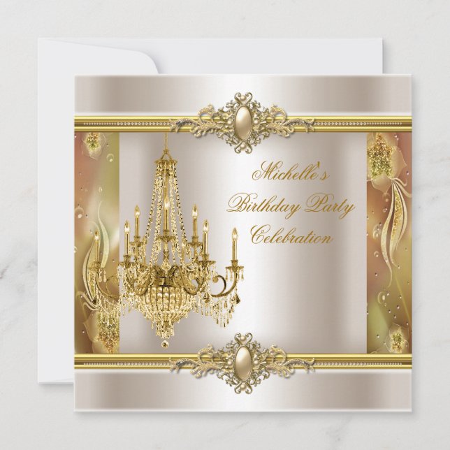 Elegant Birthday Party Cream Gold Pearl Chandelier Invitation (Front)
