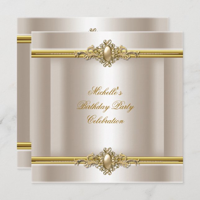 Elegant Birthday Party Cream Gold Pearl Jewel Invitation (Front/Back)