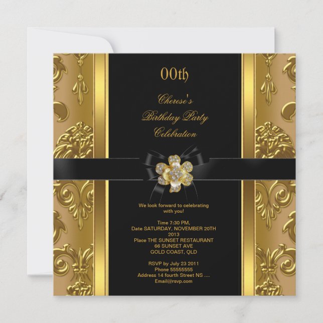 Elegant Birthday Party Damask Gold Diamond Black 2 Invitation (Front)