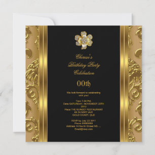 Elegant Birthday Party Damask Gold Diamond Black 3 Invitation