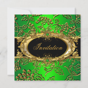 Elegant Birthday Party Damask Lime Green Gold Invitation