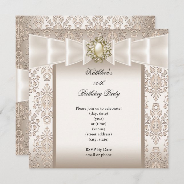 Elegant Birthday Party Damask Pearl Cream Invitation (Front/Back)