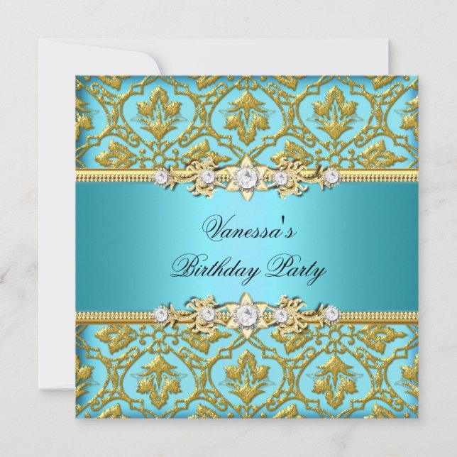 Elegant Birthday Party Damask Teal Blue Gold Invitation (Front)