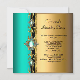 Elegant Birthday Party Damask Teal Green Blue Gold Invitation