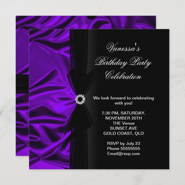 Elegant Birthday Party Deep Purple Silk Black Invitation (Front/Back)