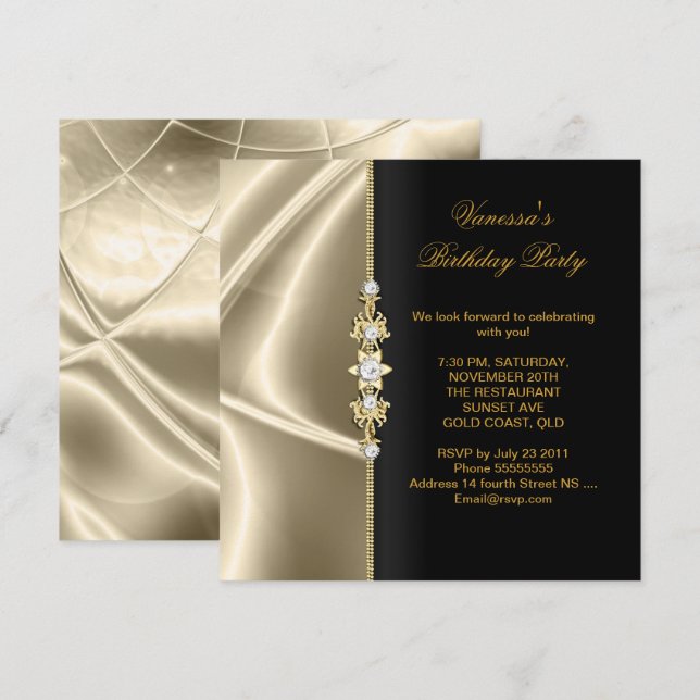 Elegant Birthday Party Gold Black Cream Invitation (Front/Back)