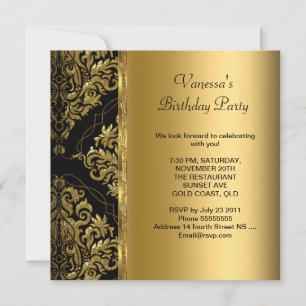 Elegant Birthday Party Gold Black Damask Floral Invitation