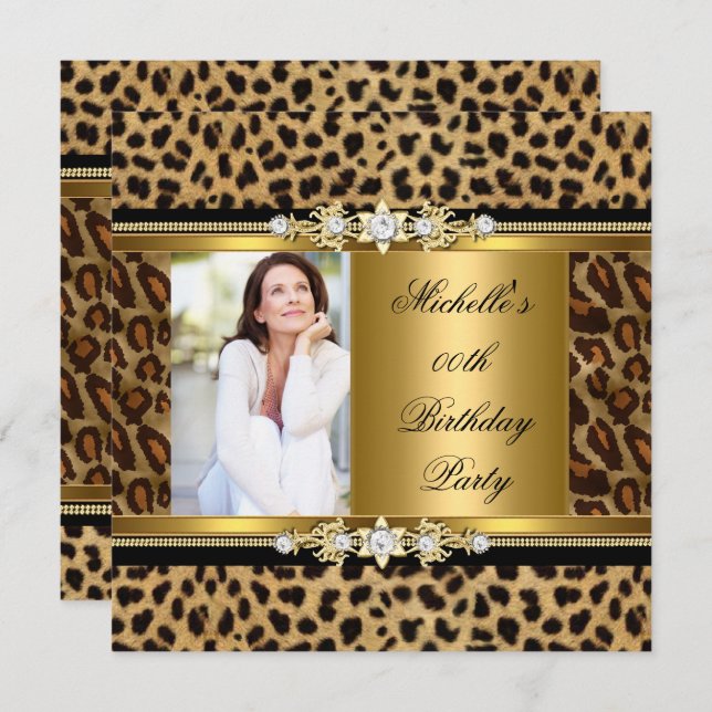 Elegant Birthday Party Gold Black Leopard Invitation (Front/Back)