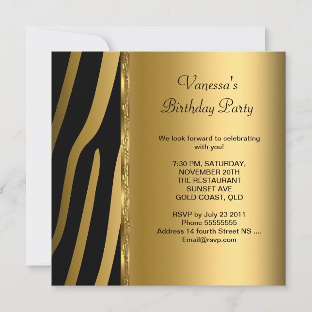 Elegant Birthday Party Gold Black Zebra Stripe Invitation (Front)