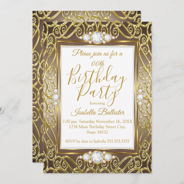 Elegant Birthday Party Gold Bronze Beige Diamond Invitation (Front/Back)