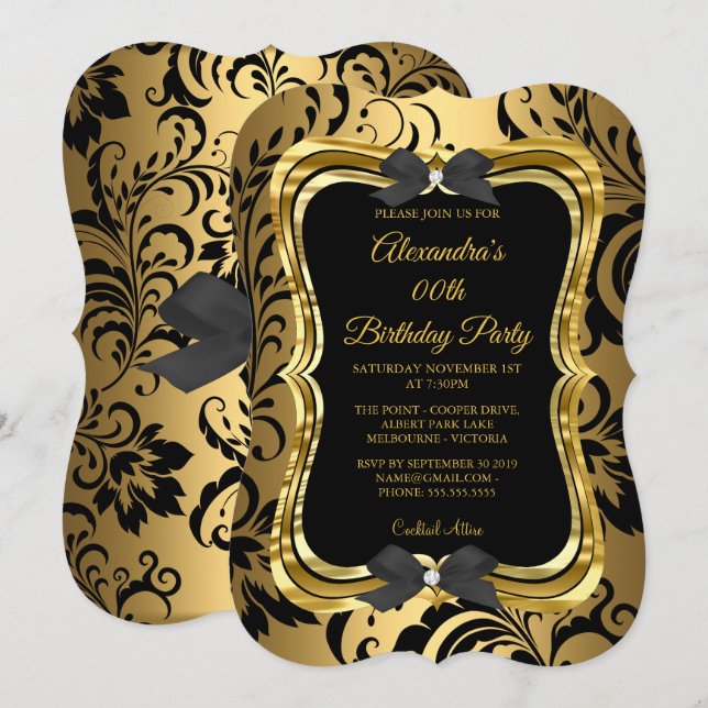 Elegant Birthday Party Gold Golden Black Floral Invitation (Front/Back)