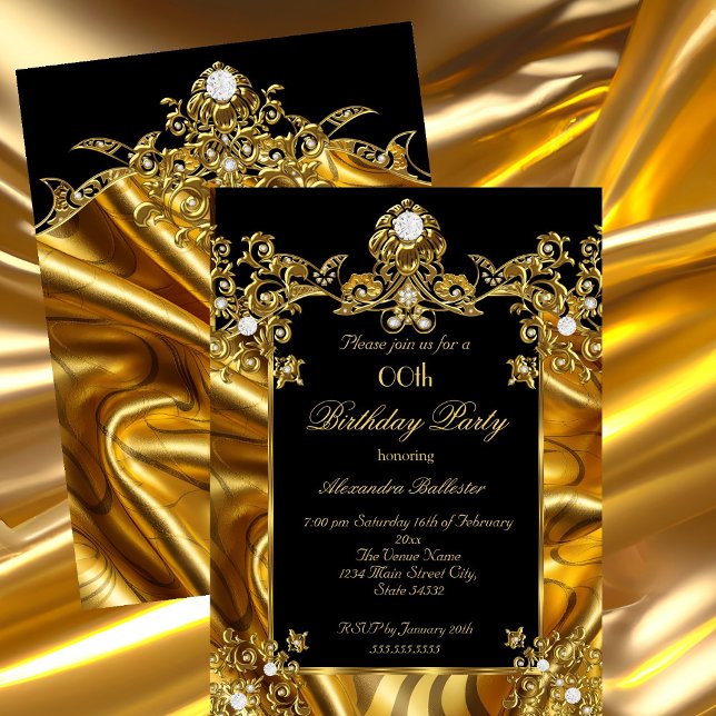 Elegant Birthday Party Gold Silk Black diamonds Invitation (Creator Uploaded)