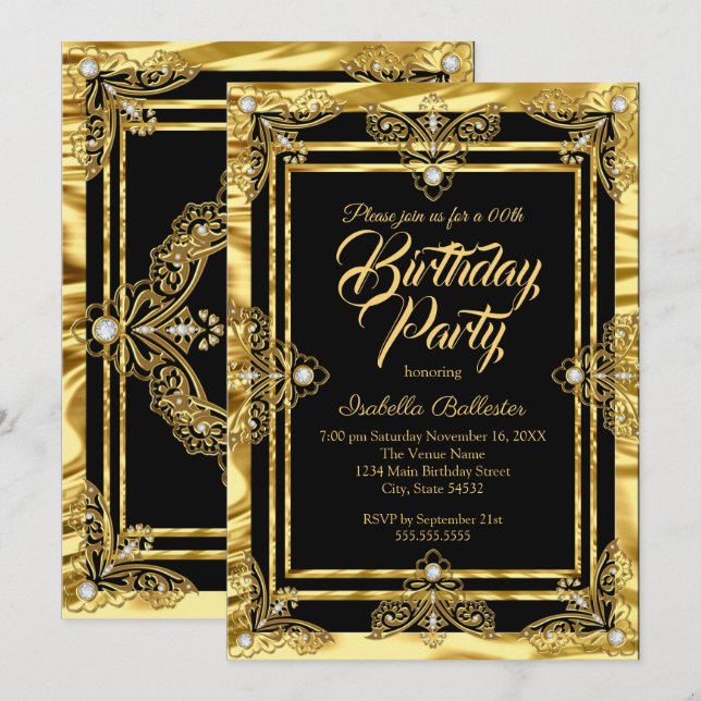 Elegant Birthday Party Golden Black Gold Gems Invitation (Front/Back)