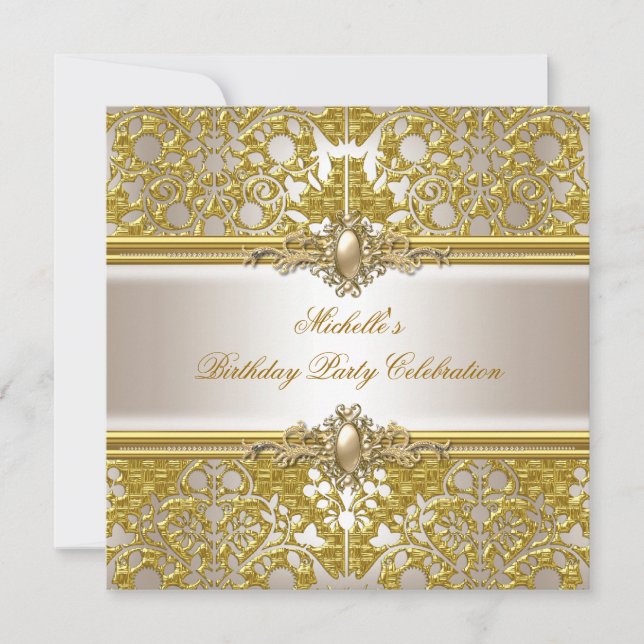 Elegant Birthday Party Metallic Gold Damask Gold Invitation (Front)