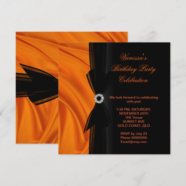 Elegant Birthday Party Orange Silk Black Invitation (Front/Back)